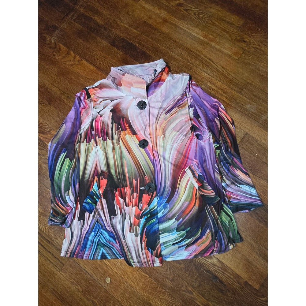 Valentina Womens Abstract Rainbow Print Button Up Jacket Mock Neck Purple Size M